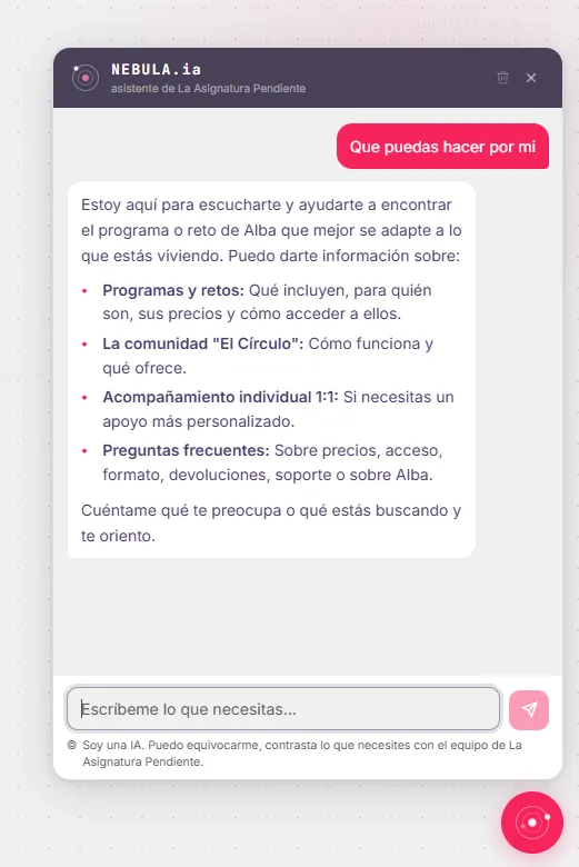 La asistente de La Asignatura Pendiente explicando en qué puede ayudar.