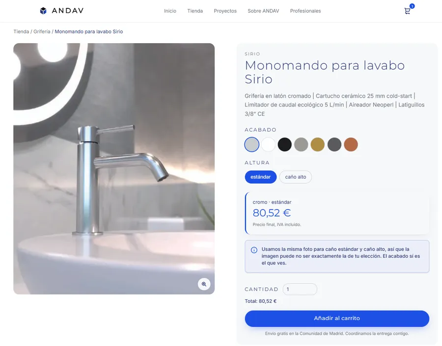 Ficha de producto con variantes en Andav