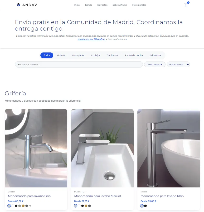 Listado de productos de la tienda de Andav